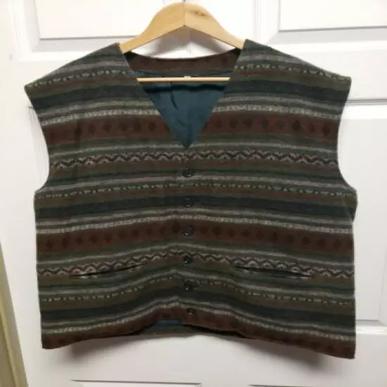 Vintage Rafio Mens Wool Vest Size 46 Brown Green Black Stripe Button Down 