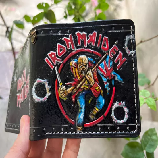 Iron Maiden Wallet, Skull With UK flag Wallet, 3D Genuine Leather Carving Wallet