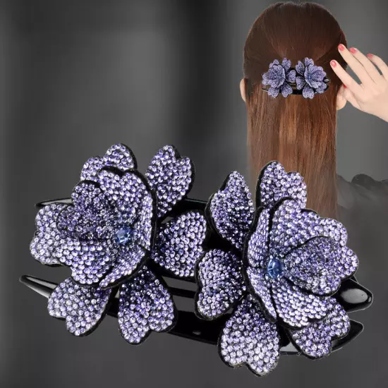 Ladies Rhinestone Double Flower Hair Clip Barrettes Crystal Comb Large Catch 1x-