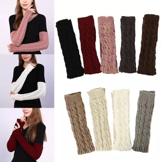 Women Long Half Finger Fingerless Gloves Arm Hand Warmer Knitted Mittens Winter