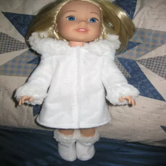 Wellie Wishers handmade doll clothes/hooded white coat/boots/fur trims