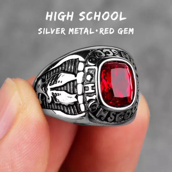 Stainless Steel Men Rings Rhinestone High School Eagle Punk Red Blue Green Stone