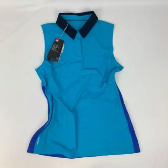 Under Armour Womens Iso-Chill Mesh S/L Polo Sleeveless Blue Medium Collar Shirt 