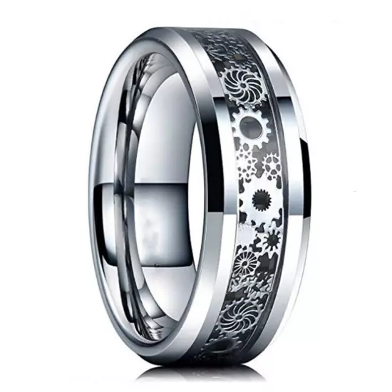 Mens Tungsten Carbide Ring Wood Inlay Beveled edge Wedding Band Ring Size 6-8 +