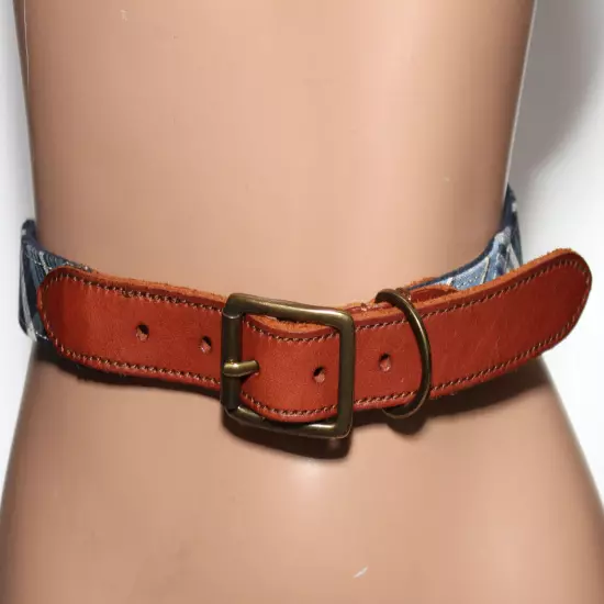 Land's End Blue Webbing/Canvas w/ Tan Leather Tabs Belt - Brass Buckle - Size 38