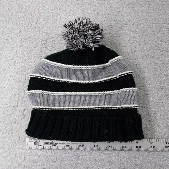 Beanie Toque Adult One Size Gray Black Knit Striped 100% Acrylic Snow Ski Pom