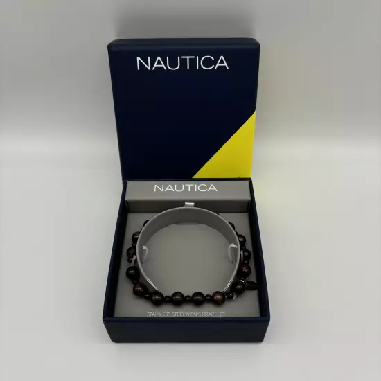 Nautica Bracelet Brown Tiger Eye Men Stone Stainless Steel Beaded Bracelet