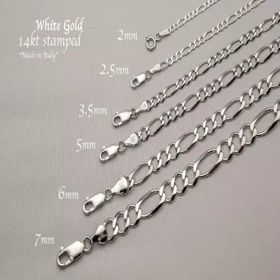 14k Solid White Gold Figaro Link Chain Necklace 2-7mm Men's Women Sz 16"-30"