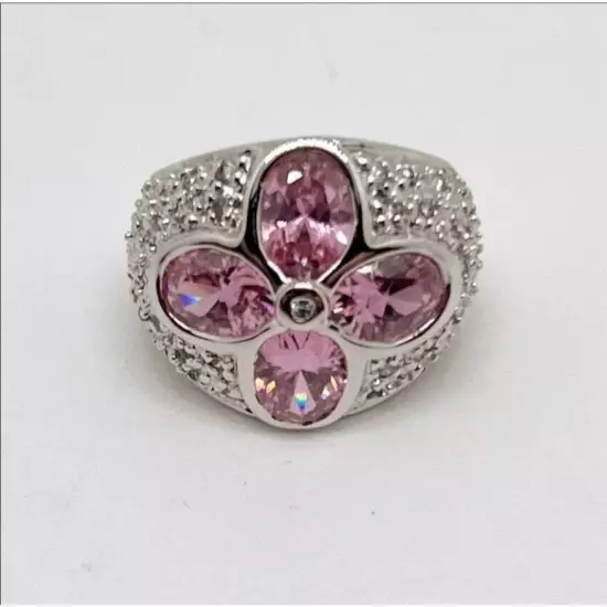 Sarah Coventry Pink Stone Floral Wide Band Silver Tone Pave Ring Size 7.25