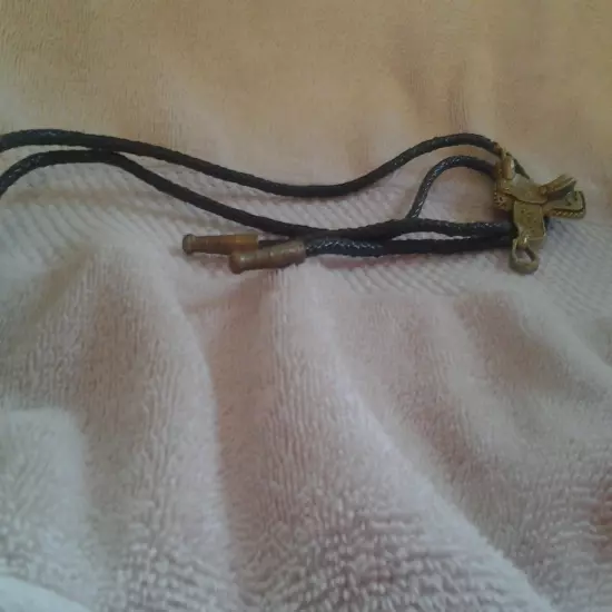 VTG BOLO TIE gold -tone saddle slide/ tips black braided leather