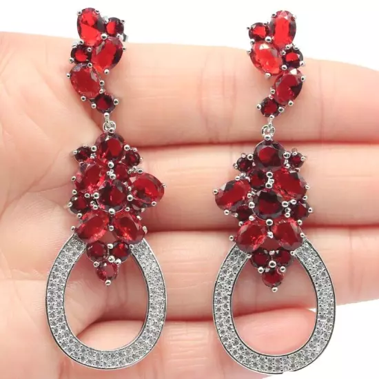 Unique Big Size Red Blood Rubies White CZ Gift For Girls Silver Earrings 