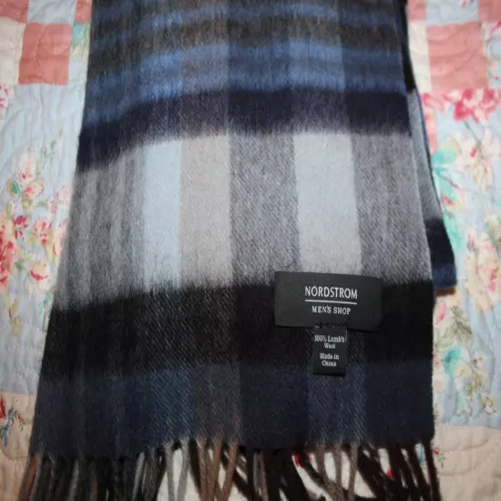 Nordstrom 100% Lambswool Scarf British Blue, Black & Derby Grey Tartan Mint