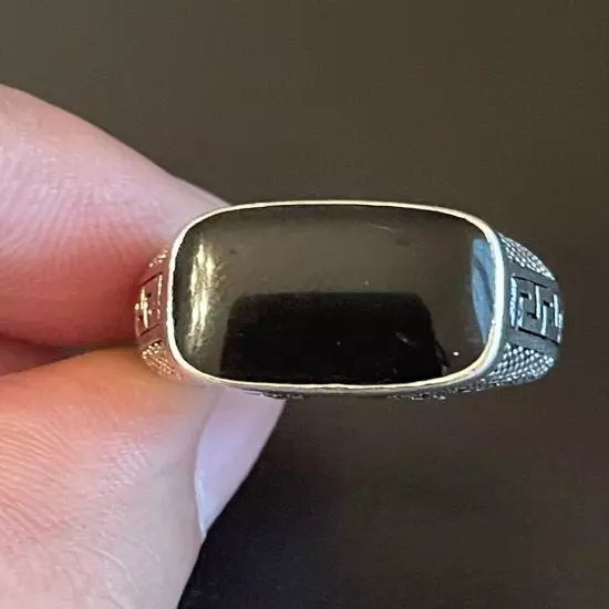 Natural Black Obsidian S925 Silver Plated Men Women Statement Ring Size 8.75