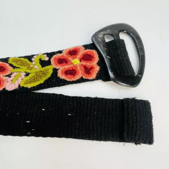 Embroidered Peru Wool BELT Black Floral Boho Hippie HORN BUCKLE Adjustable 44"