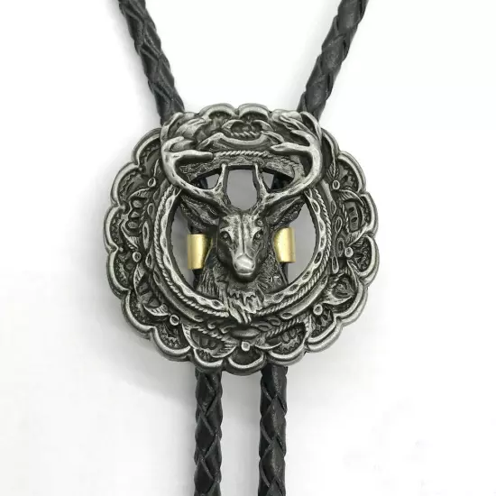 Vintage Bolo Tie Western Cowboy Indian Deer Head Mens Necklace PU Rope Alloy