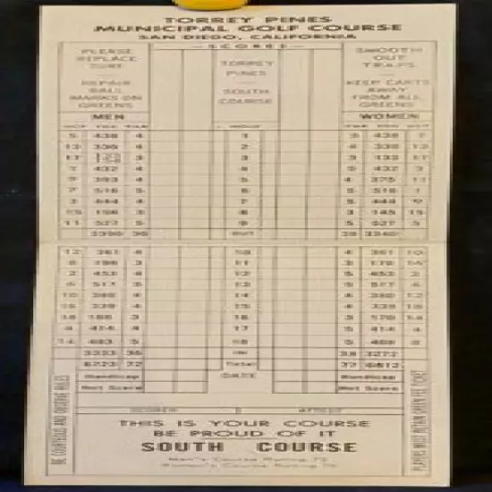 Vintage Unused 1964 Torrey Pines Golf Scorecard South Course