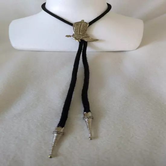 Western Silver Boot Bolo Tie Cowboy Silver Tone Black Cord Necktie