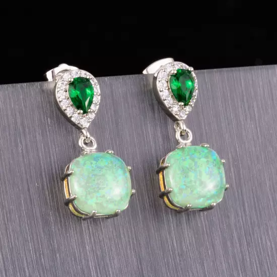 4x6Simulated Emerald Green Fire Opal Silver Filled Jewelry Drop Pierced Earrings