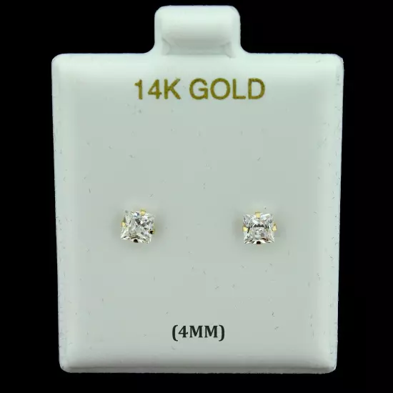 14K Real Solid Gold 4mm Princess Cut Square CZ Stud Earrings, Men Women