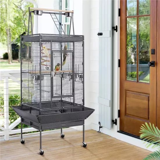 68.5'' Play Top Parrot Cage Metal Rolling Birdcage, Black