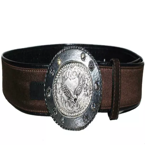 LANVIN Paris Belt Eagle Crystal Buckle Textile Leather Size M