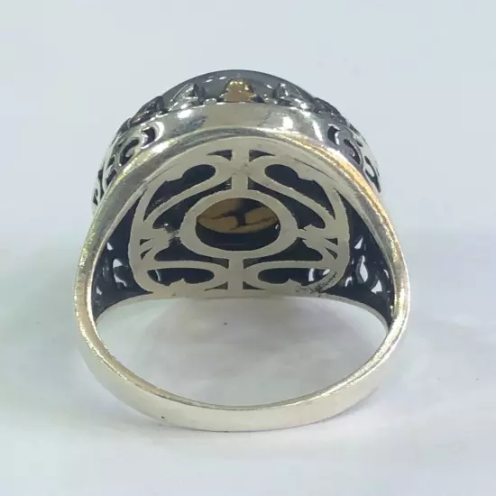 Men Silver Ring 925 Sterling Yemen Aqeeq Agate خاتم عقيق يمني شجري مصور حبة فحل