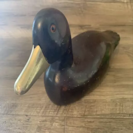 Vintage Antique Carved Wood Duck Decoy w/ Glass Eyes & Brass Bill Mahogany Colri