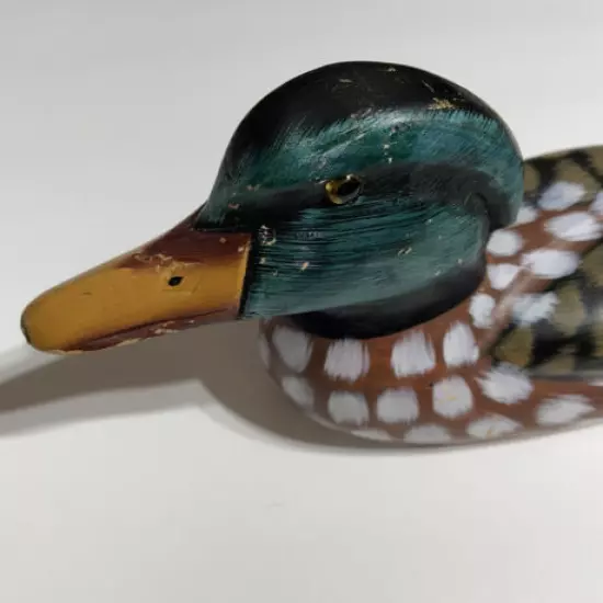 VTG Wooden Hand Carved Painted Duck Decoy Glass Eyes Sculpture