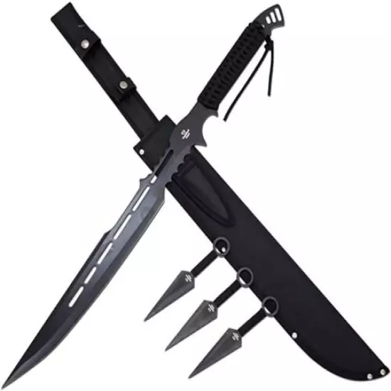 Snake Eye Tactical Black Ninja Sword and 3pc Throwing-Knife Set w/ Nylon-Sheath