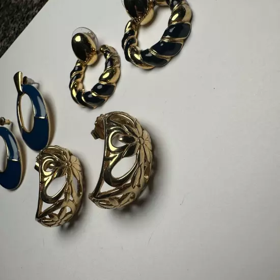 Retro Mix Pierced Earrings Lot Of 3 Gold Tone Women’s 2 Blue Enamel