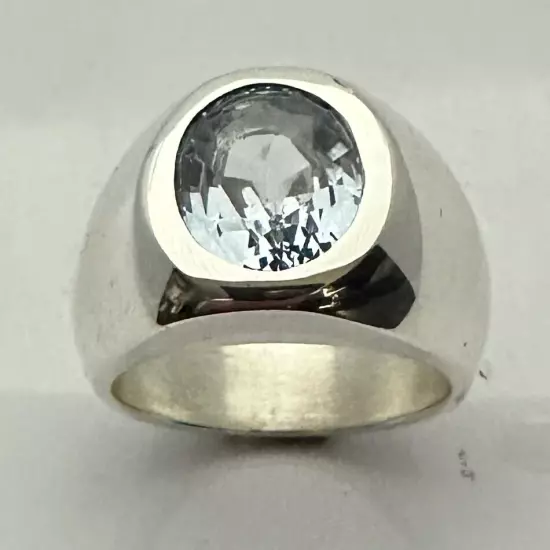 MJG STERLING SILVER RING. HEAVY. 12 x 10mm OVAL LAB AQUAMARINE. SIZE 9.5