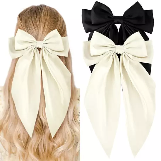 Women Big Bow Hair Clip Satin Ribbon Hairpin Two-layer Bow Long Ribbon Barrette⊱