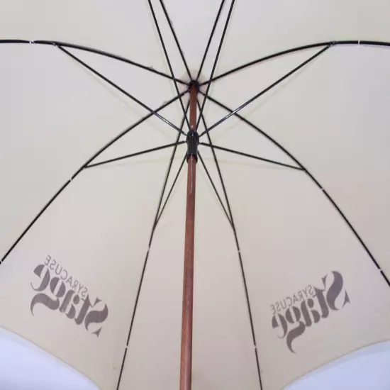 VTG Rain Sun Umbrella Parasol Syracuse Stage Nylon Brown Tan Wood Handle Art