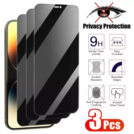 3X For iPhone 16 15 14 13 12 11 Pro Max Privacy Tempered Glass Screen Protector