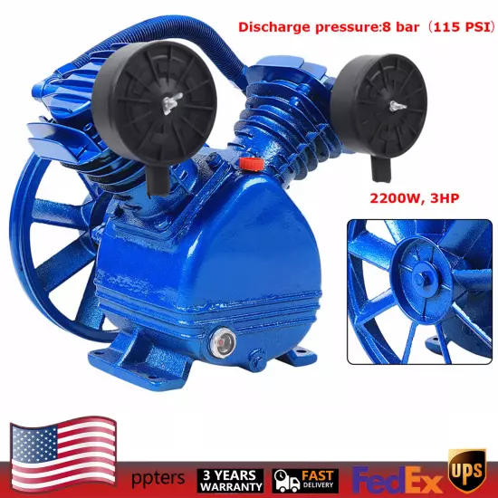 3HP 2Piston V Style Twin Cylinder Air Compressor Pump Head Single Stage Oil View