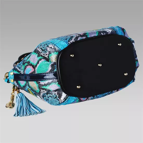 Marino Orlandi Hobo Slouchy Purse Tote Peacock Blue Python Embossed Leather Bag