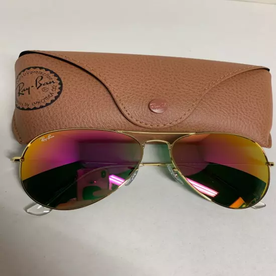 Ray-Ban Aviator Sunglasses RB3025 55m Gold Frame Pink Yellow Flash Lens 112/4T