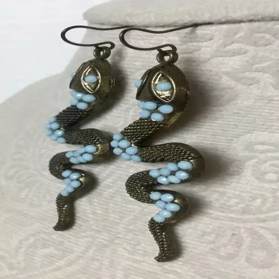 Statement Snake Viper Dangle Earrings Textured Brass Tone Blue Beads