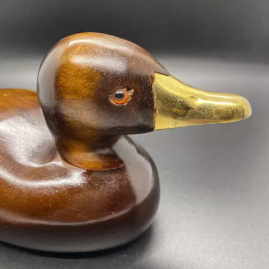 Duck Decoy Hand Carved Wood with Glass Eyes and Brass Beak 