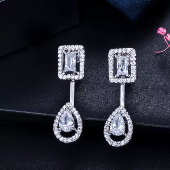 Women Chic Silver Plated Cubic Zirconia Stud Drop Earrings Fashion Party Jewelry