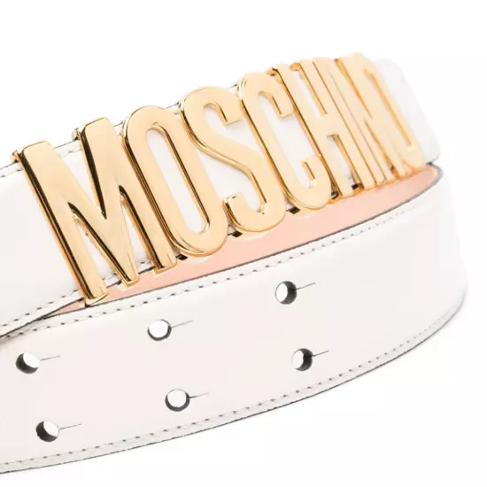 Moschino Gold Logo White Leather Belt Size 58