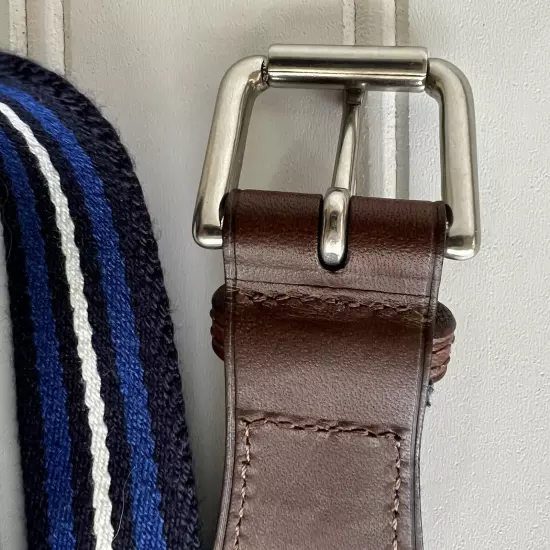 Ralph Lauren Polo Belt Blue Striped Cotton Canvas Leather Trim Buckle Size 34 35