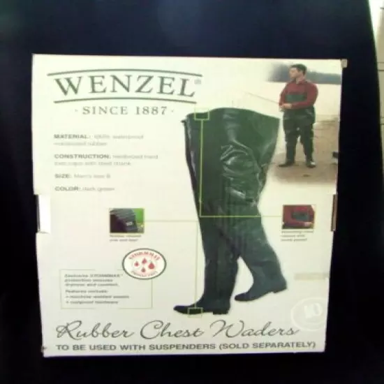 Wenzel Size 8 Green Chest Waders 100% Waterproof Vulcanized Rubber New In Box