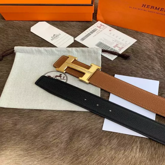 Hermès New Double-sided Men's Leather Belt Brown gold buckle 36/90