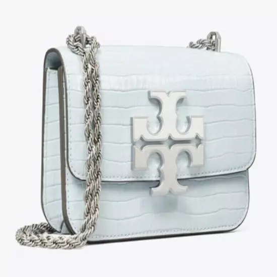 NEW TORY BURCH ELEANOR SMALL Convertible Bag croc-embossed Blue Mist Leather