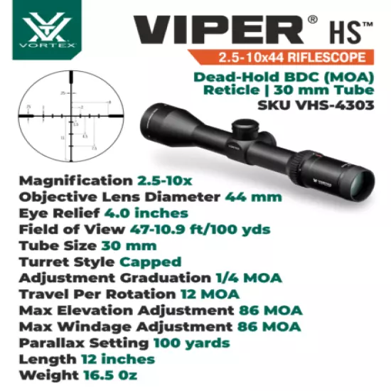 Vortex Optics Viper HS 2.5-10x44 SFP BDC Riflescope with Black Free Hat Bundle