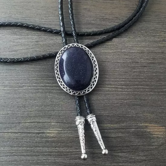 American Western Retro Dark Blue Rock Sand Stone Bolo Tie Genunie Leather