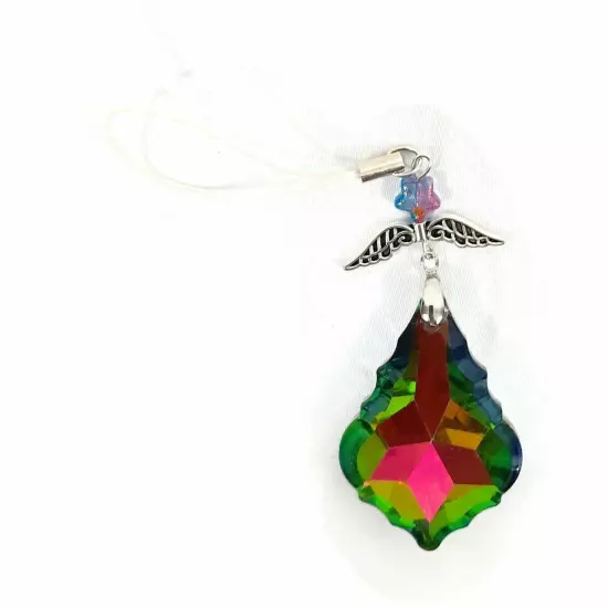 Tibetan Silver Pendant With Wing & Faceted Rainbow Crystal Jewel CellPhone Charm