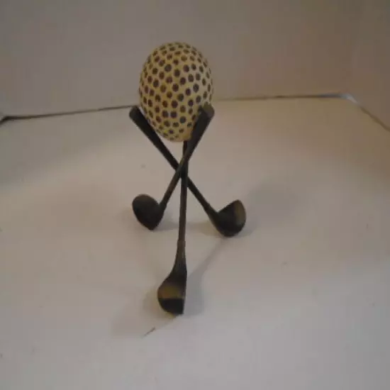 Vintage Golf Ball on Three 3 Club Tripod Desk Accessory Driver Brass