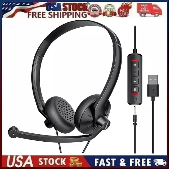 USB Headset Built-in Noise Cancelling Microphones Stereo Wired Mic for PC Laptop